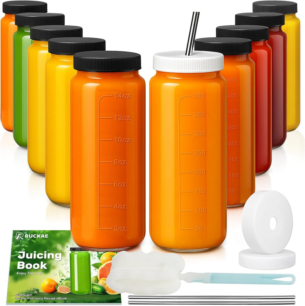 Ruckae 16oz 10 Pack Juice Bottles, Glass Bottles with Lids, Smoothie Cup Lids and Straws, Water Bottle Mason Jar Drinking Glasses for Juicing, Smoothies, Kombucha