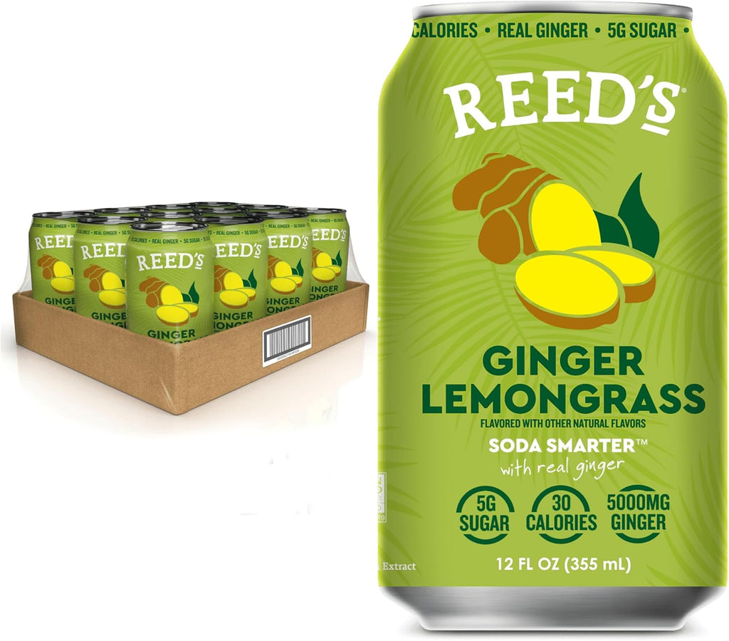 Reed's Ginger Lemongrass Functional Soda - Organic Ginger, Adaptogen Mushroom Blend, Prebiotics - 12oz Cans, 12-Pack
