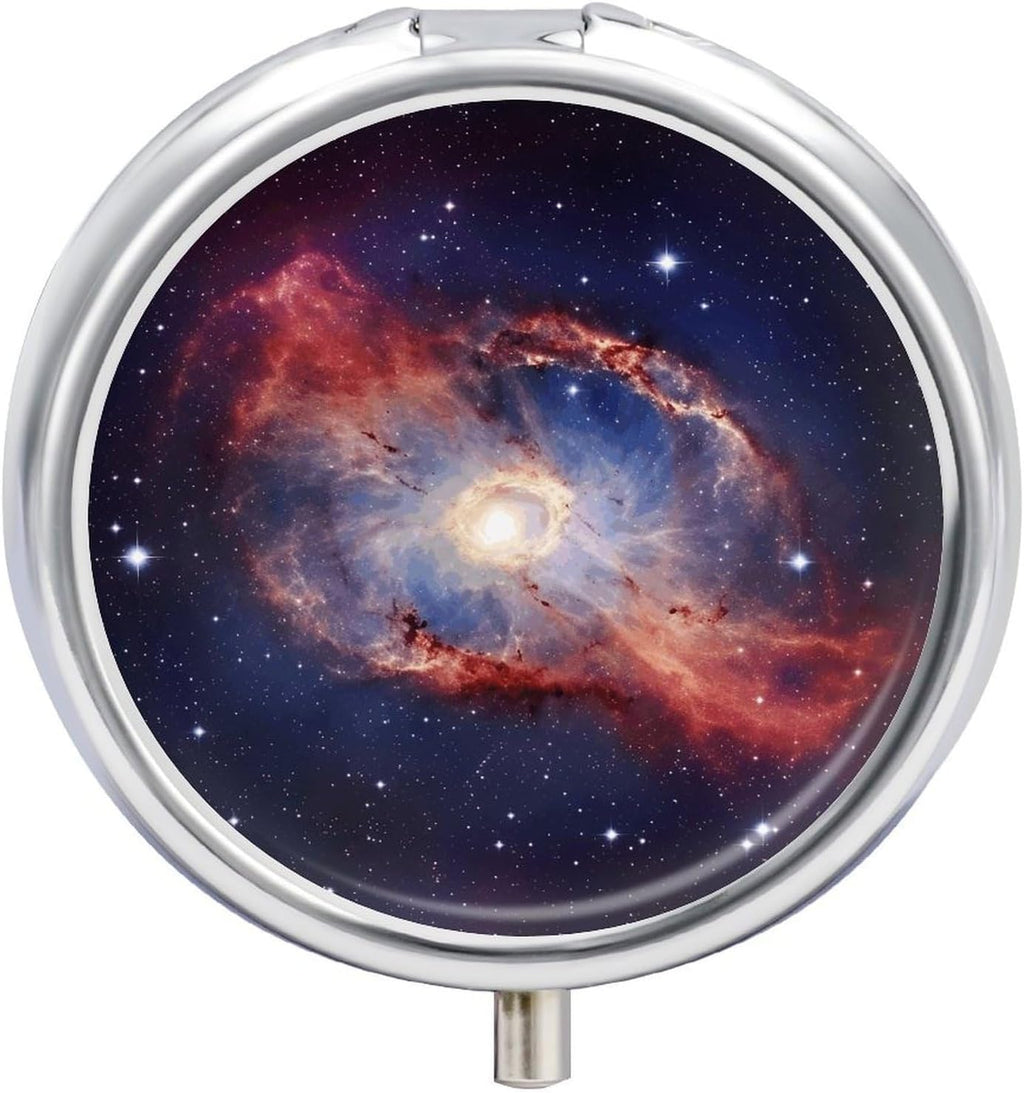 Universe Milky Way Galaxy Pill Organizer Portable Metal Round Pill Box with 3 Compartments Exquisite Unique Small Pill Case Travel Pill Container Medicine Organizer Box for Adult & Gift