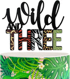 Wild and Three Cake Topper, Jungle Safari Theme 3rd Birthday Party Decorations, Fourth Birthday Cake Topper, Animal Print Giraffe Tiger Zebra Leopard Cake Decoration