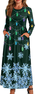 Oil Painting Printed Dresses for Women Casual Flowy Long Sleeve Crewneck Ruched Maxi Party Dress with Pockets