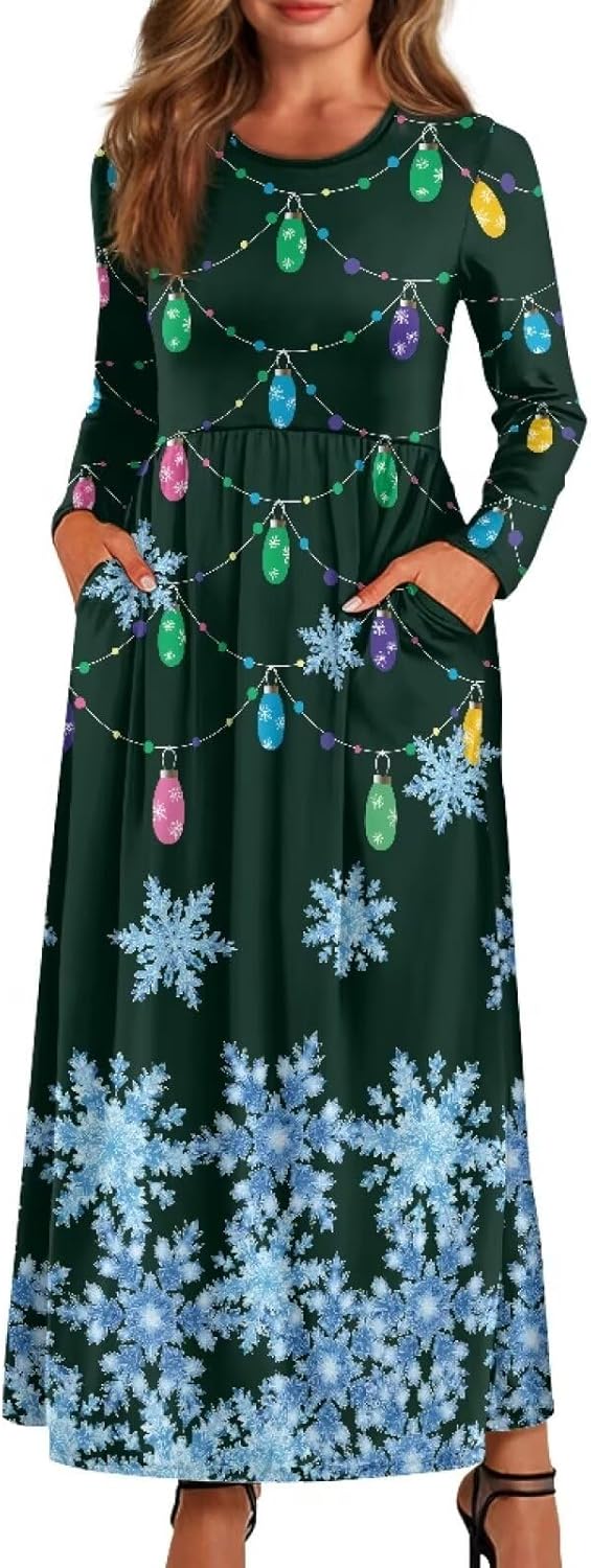 Oil Painting Printed Dresses for Women Casual Flowy Long Sleeve Crewneck Ruched Maxi Party Dress with Pockets