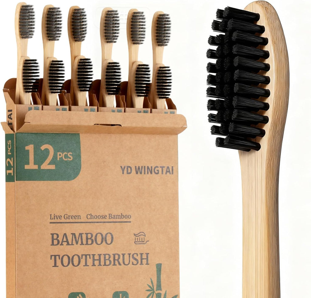 Bamboo Toothbrush Biodegradable WoodenToothbrushes 12pack Natural Travel Size Organic Charcoal Tooth Brush