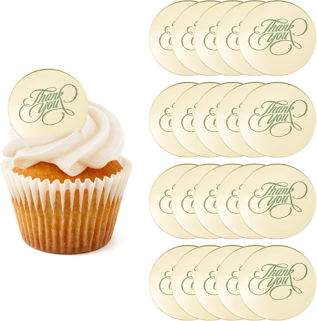20 PCS Cupcake Toppers - Round Thank You Discs, Mirror Acrylic Cake Picks & Charm Cake Decoration Party Supplies