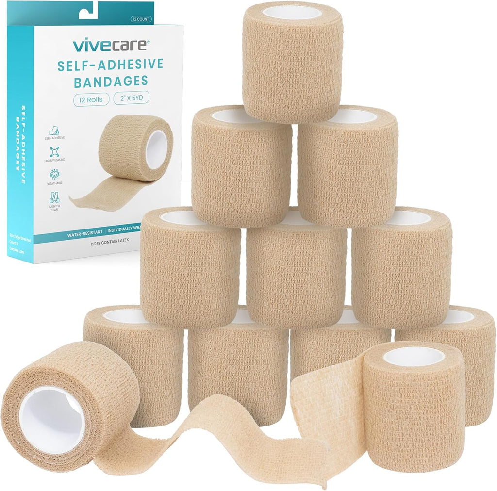 Vive Care Self Adhesive Bandage Wrap (12 Rolls) Cohesive Extra Sticking Stretch Wound Wraps - Elastic Athletic Tape for First Aid, Injuries & Sports, Arm, Leg, Ankle, Wrist, Fingers, 2" x 5yd Roll