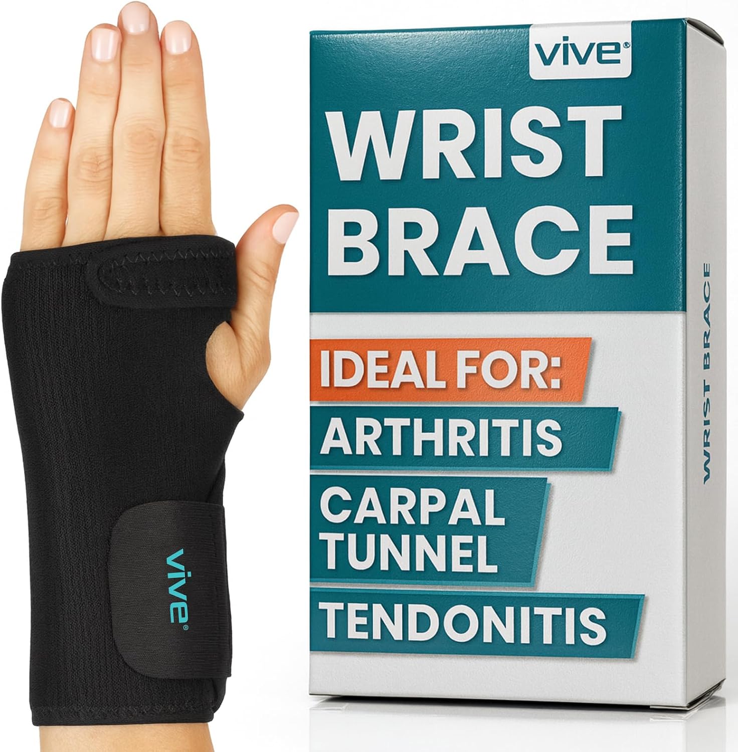 Vive Wrist Brace - Carpal Tunnel Hand Compression Support Wrap for Men, Women, Tendinitis, Bowling, Sports Injuries Pain Relief - Removable Splint - Universal Ergonomic Fit (Black, Left)
