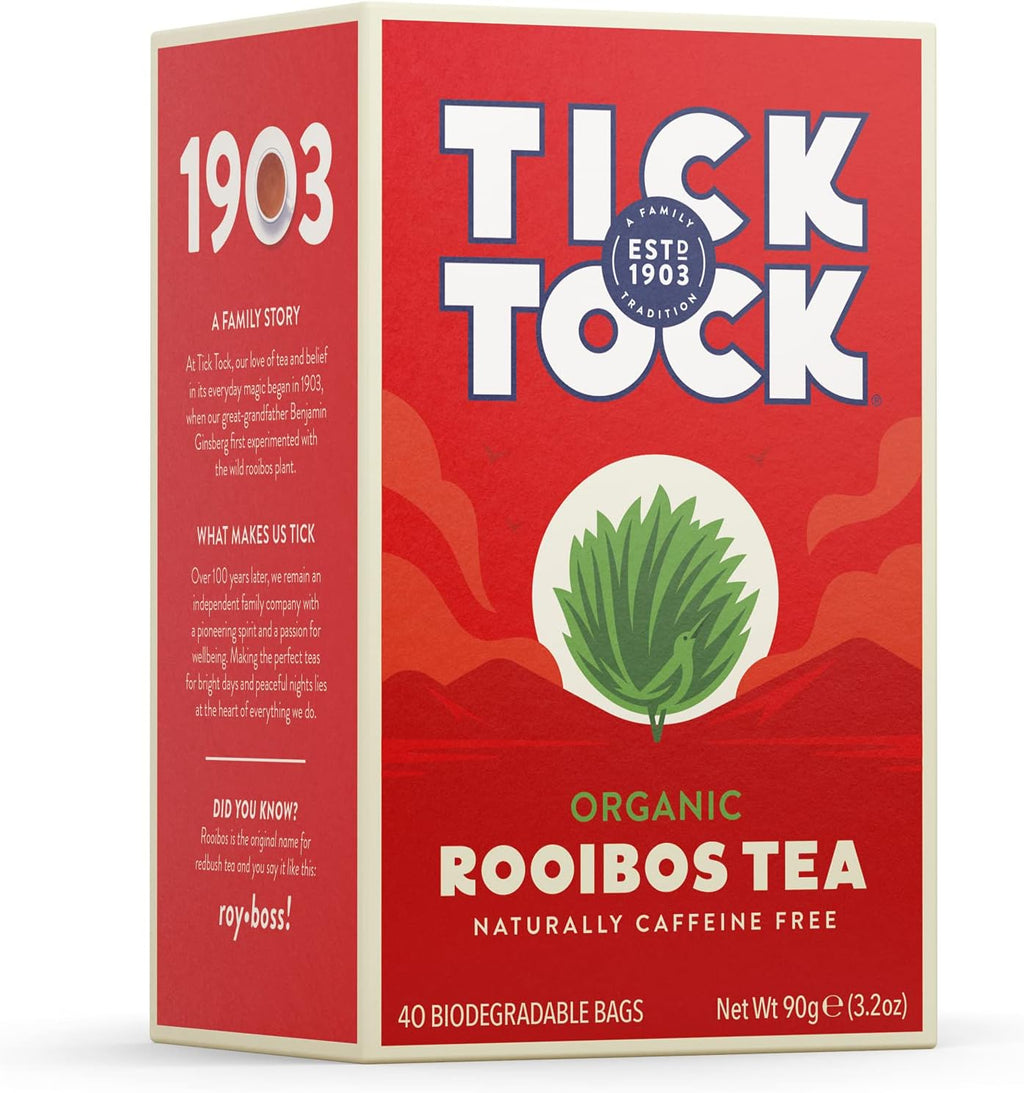 TICK TOCK TEAS Organic Rooibos Tea Bags, Organic Original Rooibos Tea, 40 Count