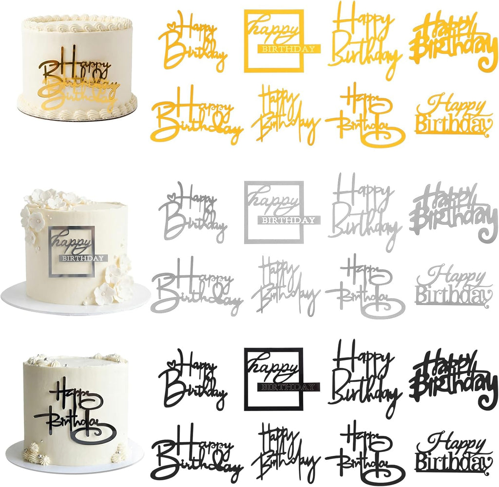 24 PCS Happy Birthday Cake Toppers, Mirror Acrylic Side Cake Decorations with 8 Styles in Gold Silver Black, Elegant Cupcake Toppers for Birthday Party Desserts Pastries DIY