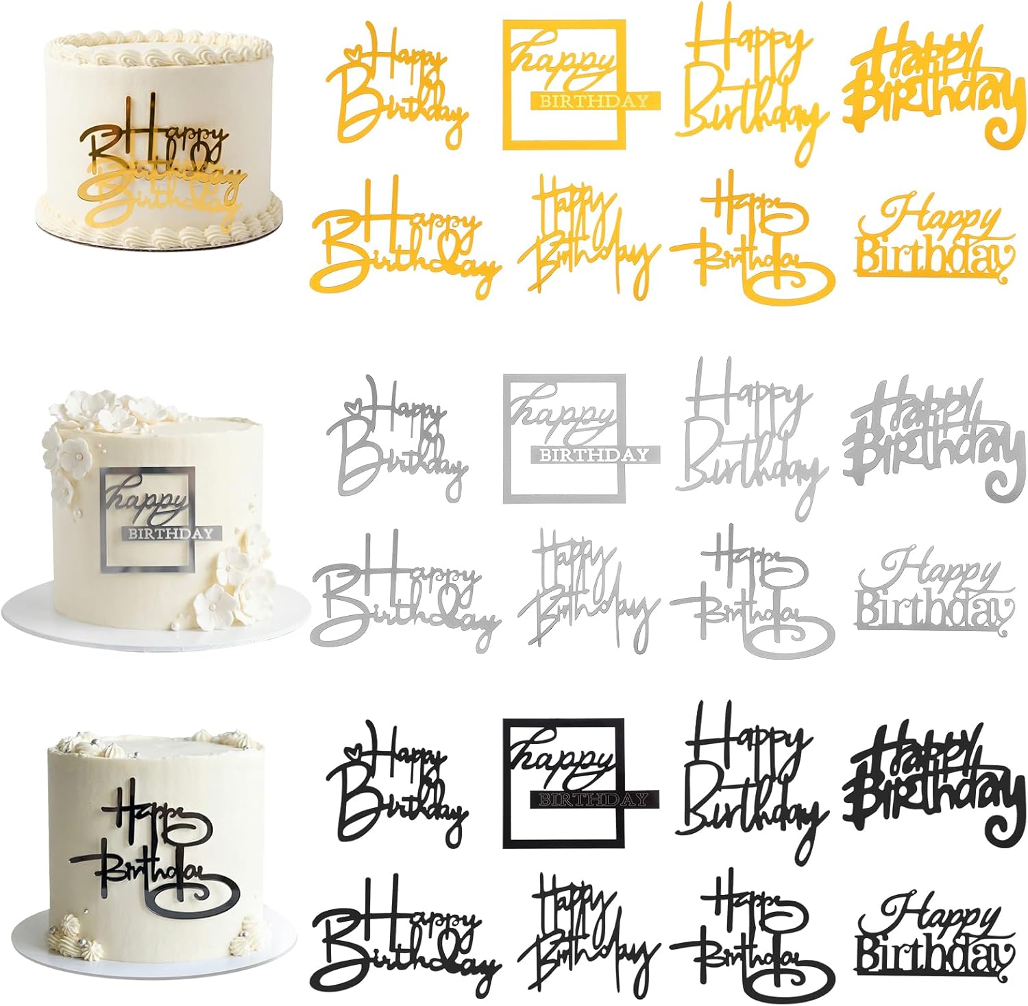 24 PCS Happy Birthday Cake Toppers, Mirror Acrylic Side Cake Decorations with 8 Styles in Gold Silver Black, Elegant Cupcake Toppers for Birthday Party Desserts Pastries DIY