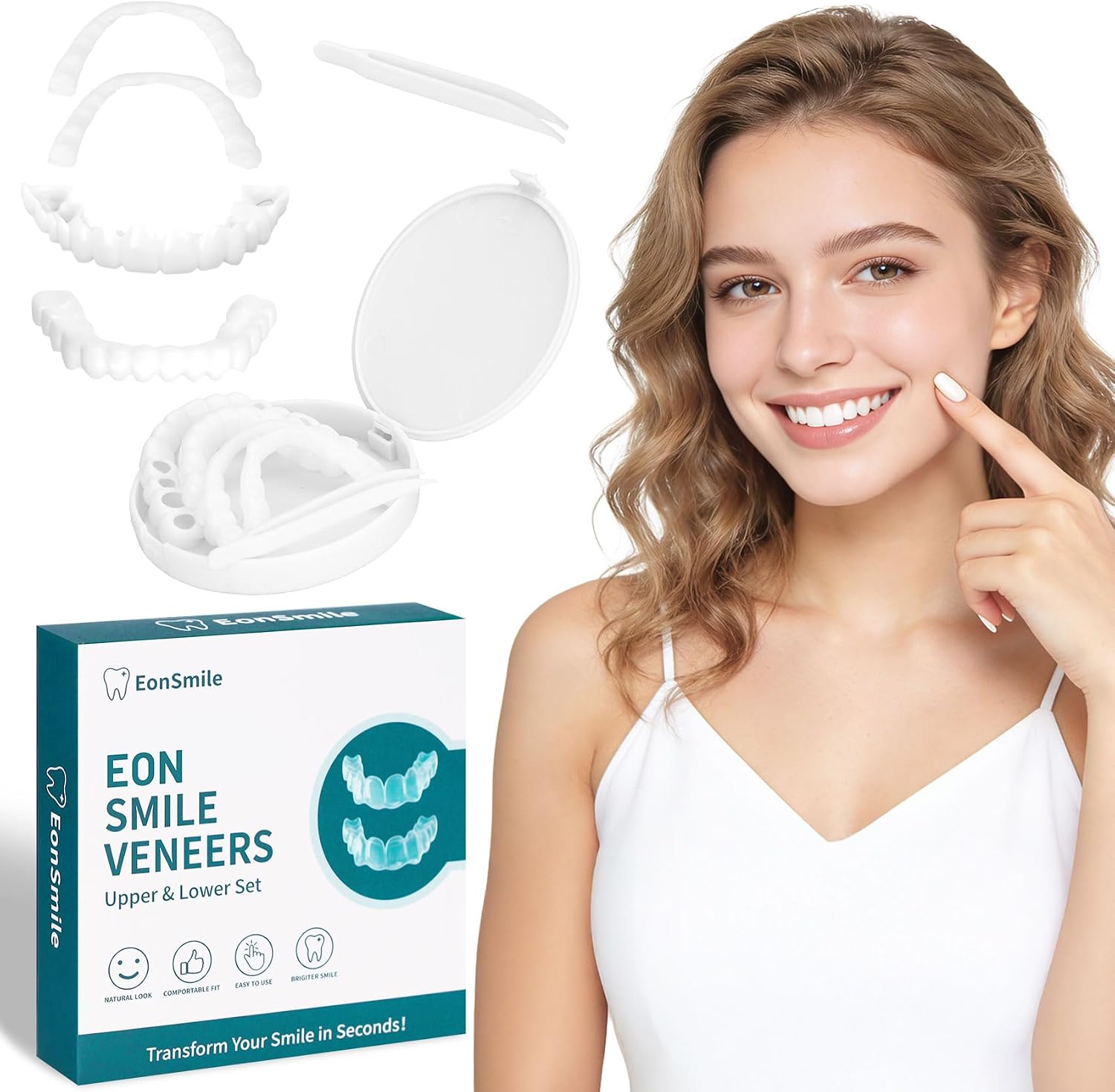 Snap On Veneers (Upper & Lower) - Moldable Fake Teeth Covers for Missing Teeth. Natural Shade Clip On False Teeth. Temporary Cosmetic Veneers for Men & Women (Comfort Fit)