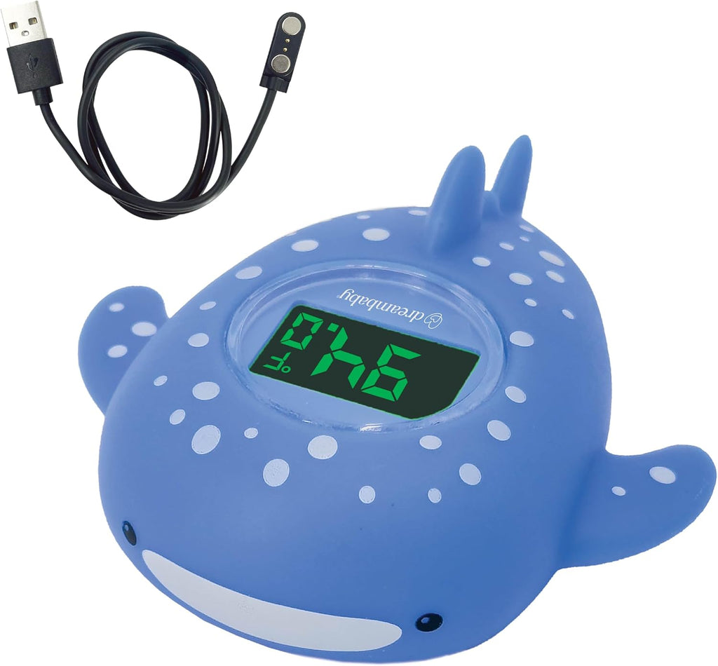 Dreambaby Whale Shark USB Rechargeable Baby Bath Thermometer - Instant Read, Digital Room and Baby Bathtub Water Fun Floating Toy - Newborn Must-Have