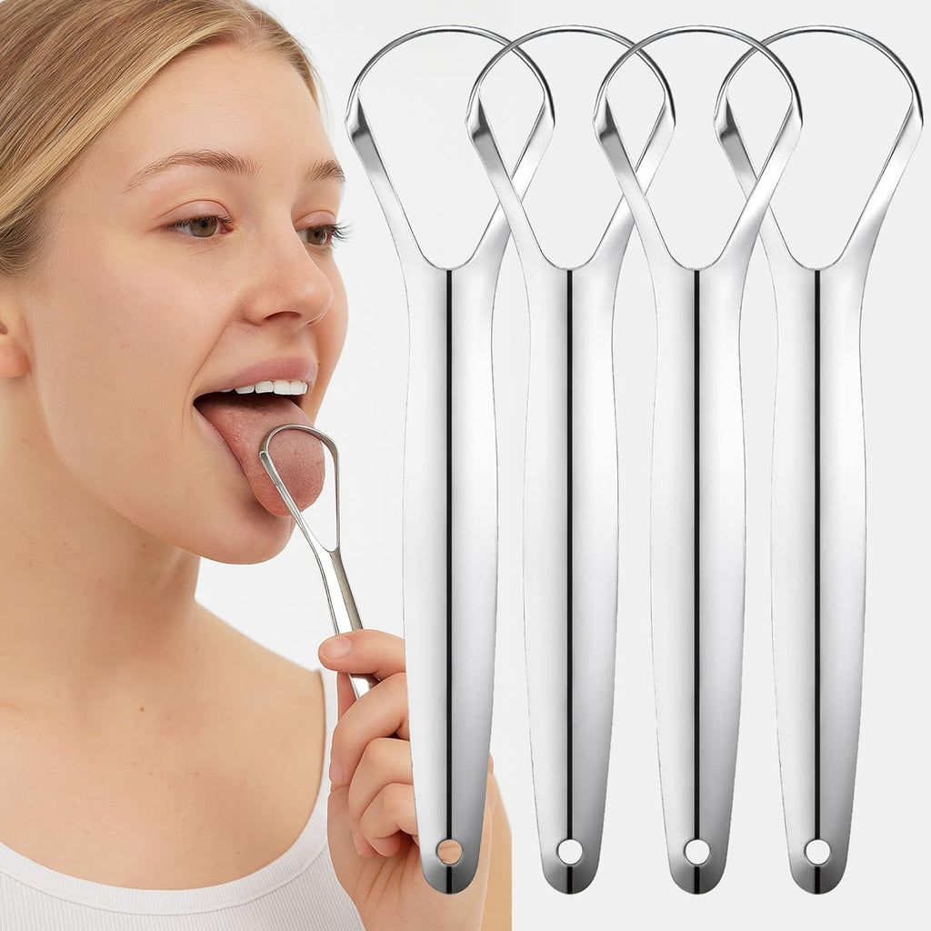 4 Pack Metal Tongue Scraper, Stainless Steel Tongue Cleaning Tool, Reusable Manual Design for Daily Oral Care, Portable Tongue Cleaner Set, Silver