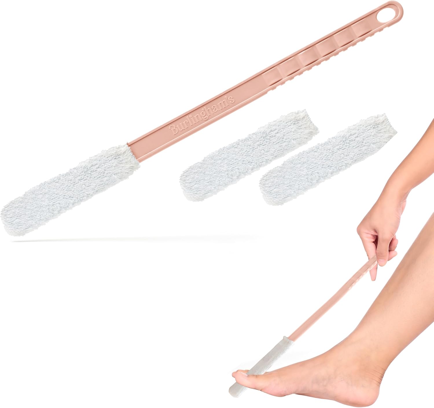 Burlingham's Toe and Foot Towel Brush with Reusable Drying Covers Long 17” Handle for Cleaning Between Toes, Soft Skin Exfoliation,for Seniors, Adults, Kids (Pink Toe Towel Brush + 3 Covers)