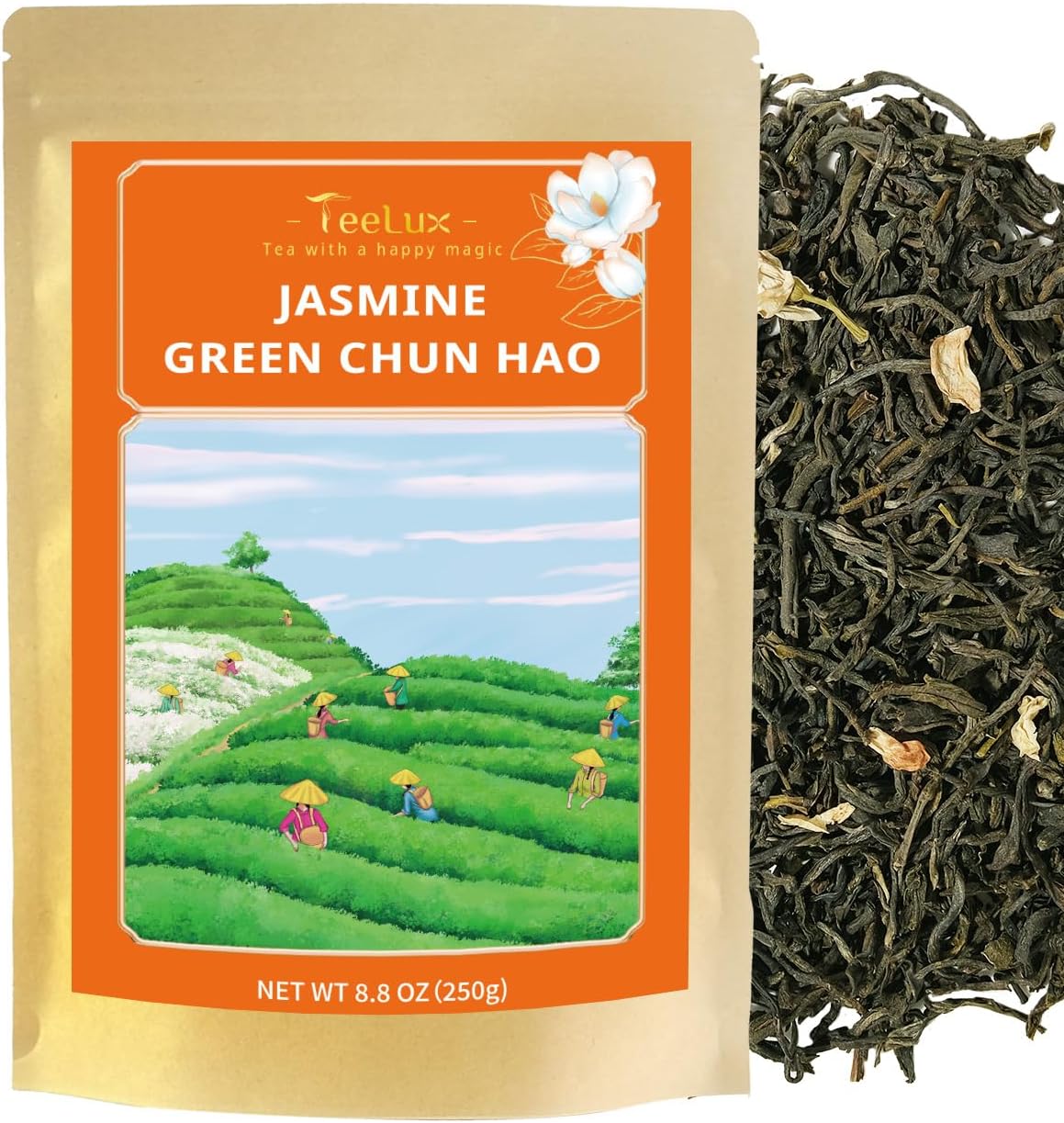 TeeLux Jasmine Green Tea Loose Leaf, Natural Premium Jasmine Chun Hao with Pleasant Aroma, Hot & Iced Tea, 8.8 Ounce