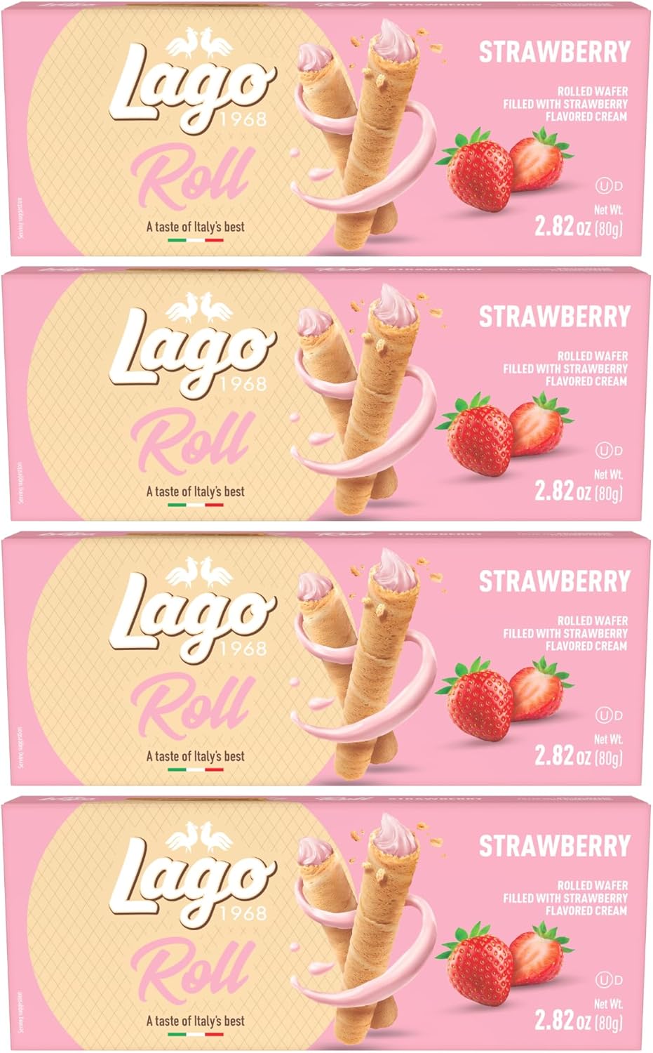 Gastone Lago Strawberry Wafer Rolls, 2.82 oz - Crispy Rolled Wafers with Smooth Strawberry Cream Filling, Light & Crunchy Snack [Pack of 4]