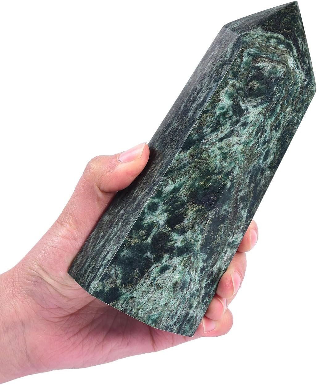 AMOYSTONE Natural Stone Tower Large Emerald Stone Rock Healing Crystal Wand Hexagonal Point Obelisk Irregular 2.5-3 Lbs, Spiritual Meditation, Reiki Chakra Gemstone Home Decor
