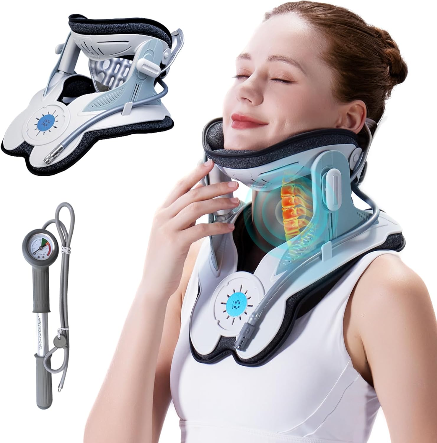 ALPHAY Cervical Traction Device, Neck Stretcher for Cervical Pain Relief, Air Pump Neck Brace with 3 Power Traction and 8 Airbag Support, Neck Decompression and Neck Tension Relief