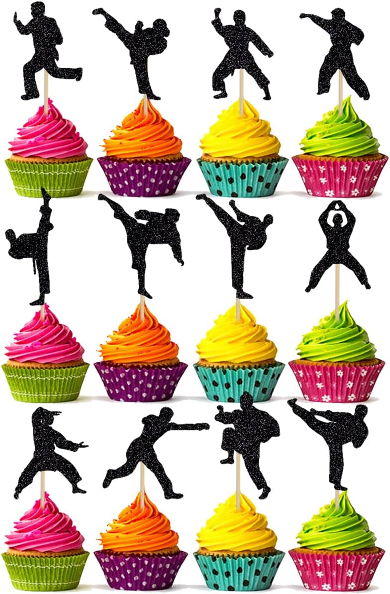 BIABISD 24 Piece Karate Cupcake Toppers Taekwondo Themed Cupcake Toppers Karate Happy Birthday Party Supplies Shiny Black Decorations