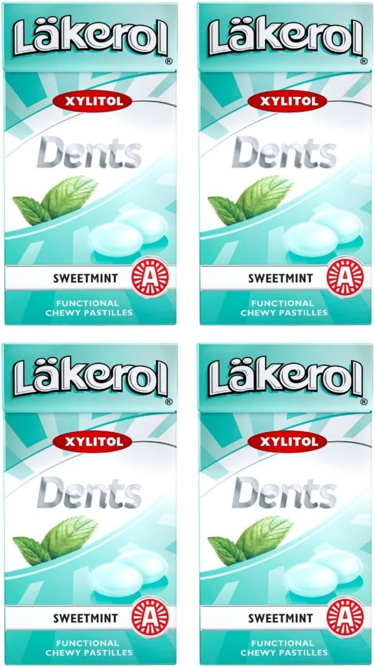 4 Boxes x 36g of Läkerol Dents Sweetmint - Original - Swedish - Sugar Free - Xylitol - Pastilles - Lozenges - Dragees - Drops - Candies - Sweets