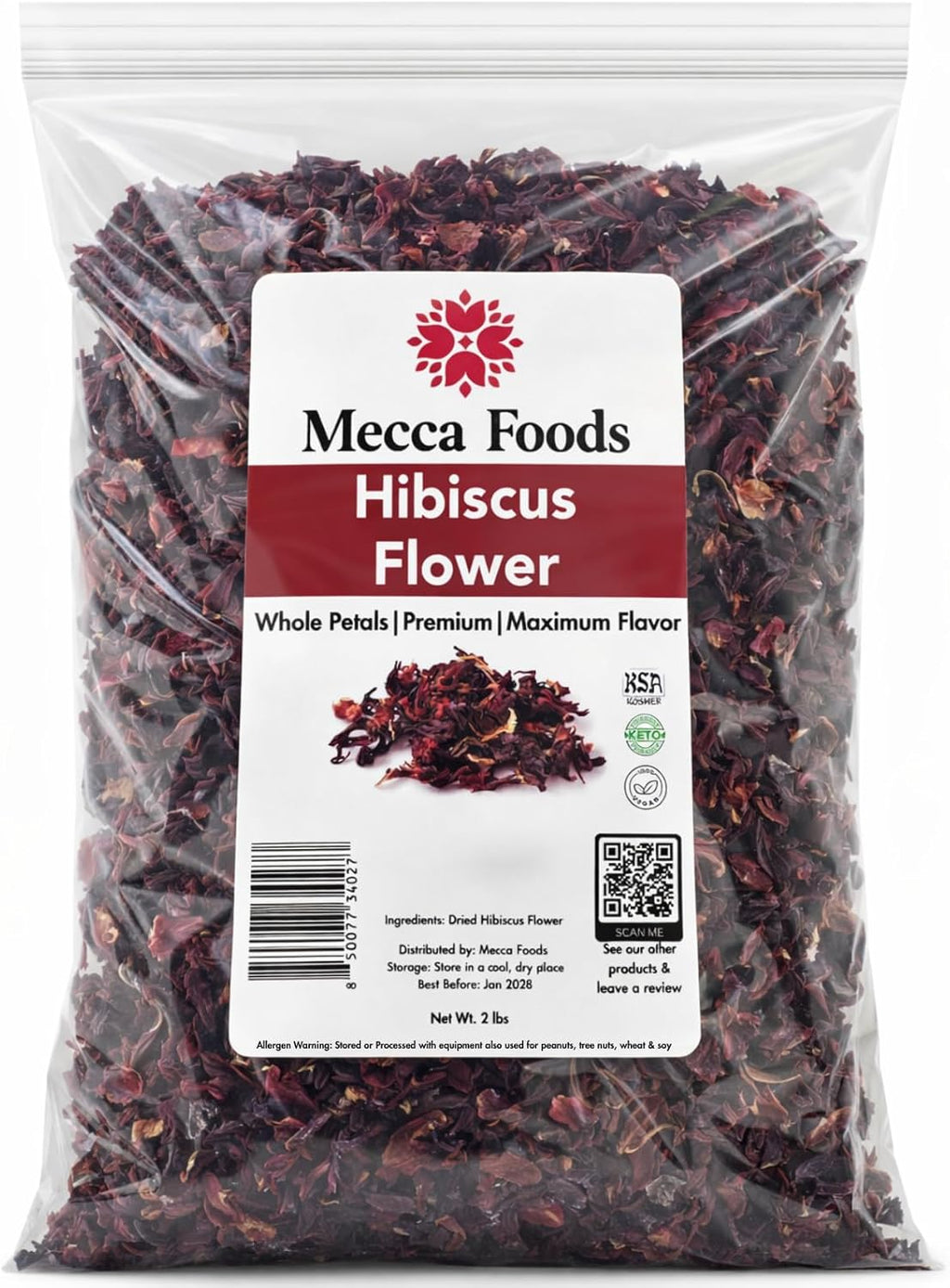 2lb Dried Whole Hibiscus Flowers and Petals, Flor de Jamaica, Sorrel Flower, Zobo Flower perfect for Tea and Mexican Agua Fresca by Mecca Foods | perfect for Mexican Agua Fresca, Tea, Flor de Jamaica, by Mecca Foods