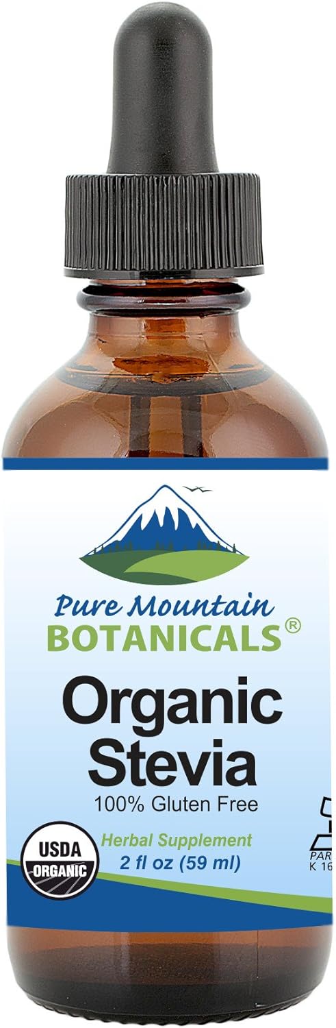 Pure Mountain Botanicals Organic Liquid Stevia Sweetener – Alcohol Free and Kosher Sweet Sugar Substitute Stevia Drops - 2oz Glass Bottle