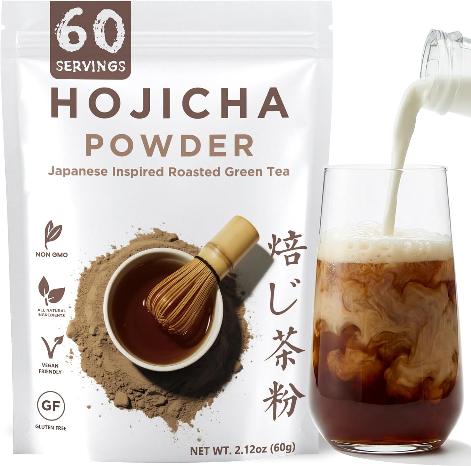 Hojicha Powder Japanese-Style for Latte - 2.12oz Low Caffeine Roasted Matcha Green Tea Houjicha Powder | Toasty Aroma Less Bitterness | Brew Below 80°C / 175°F