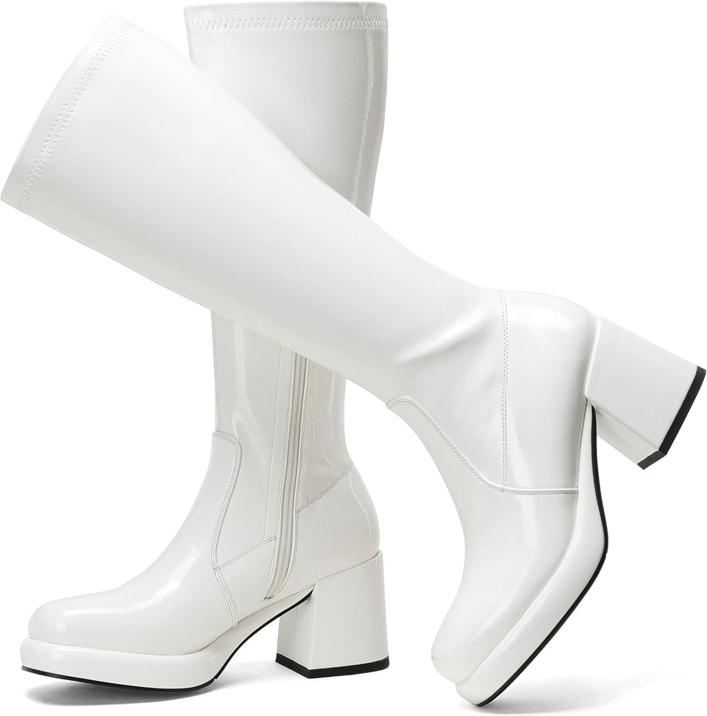 LanreyTaley Elastic Women Knee High Boots Platform Chunky Heel Tall Boots Suede Dress Boots Side Zipper Stretch Boots Fall