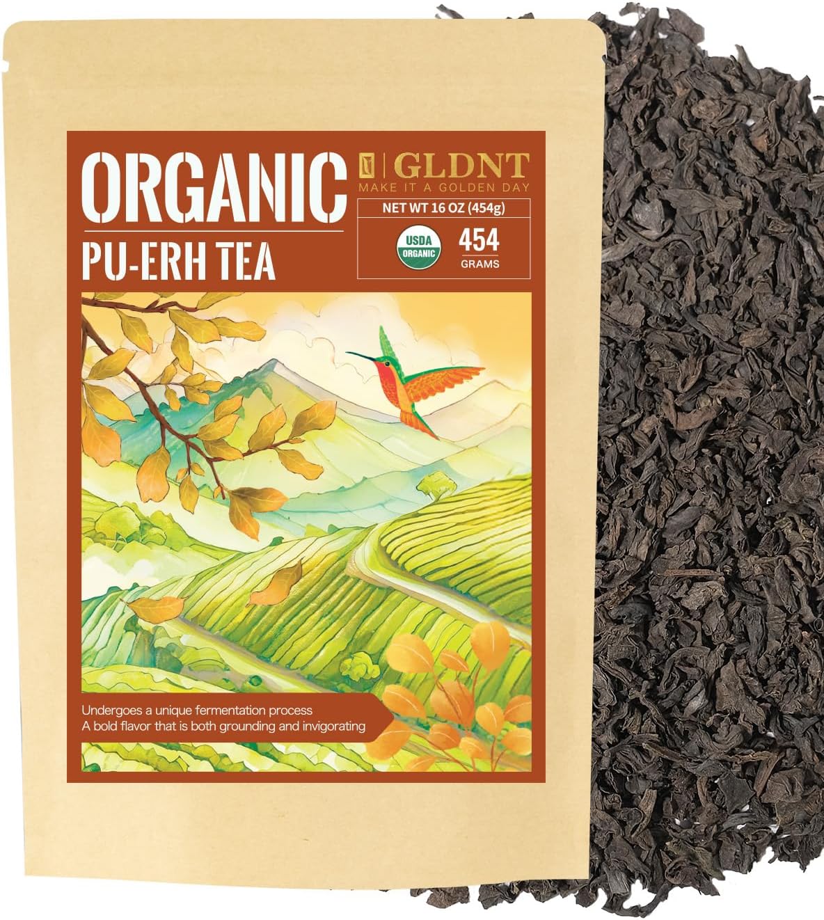 GLDNT Organic Pu-erh Tea, Yunnan Ripe Pu'erh Tea Loose Leaf, Fermented Dark Tea, Bold & Smooth Flavor, Caffeinated, 16oz