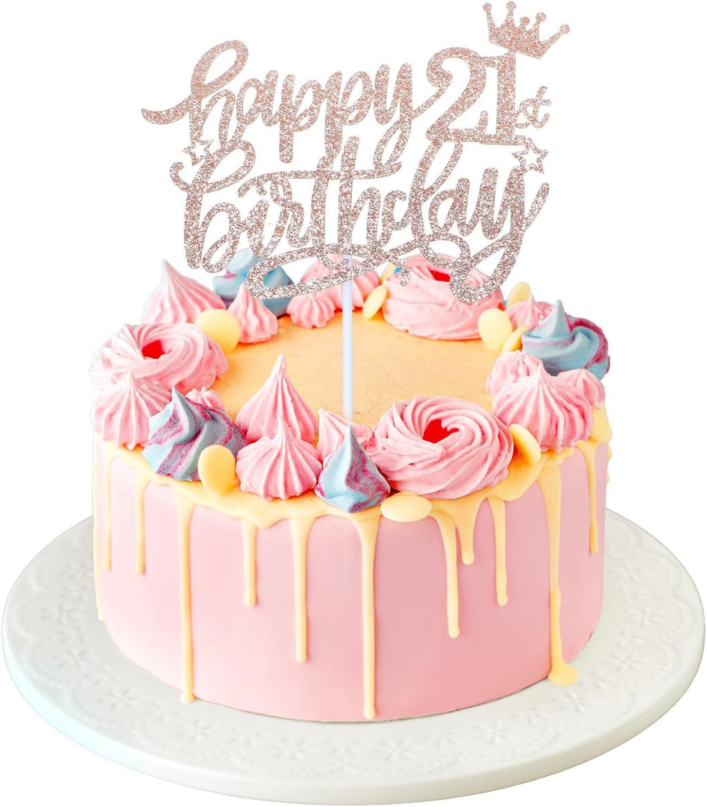 Happy 21st Birthday Cake Topper for Girls, Glitter 21st Birthday Decorations Cheers to 21 Years Candles Cakes Decorations for Celebrating Birthdays Anniversary Party Supplies(Rose Gold)