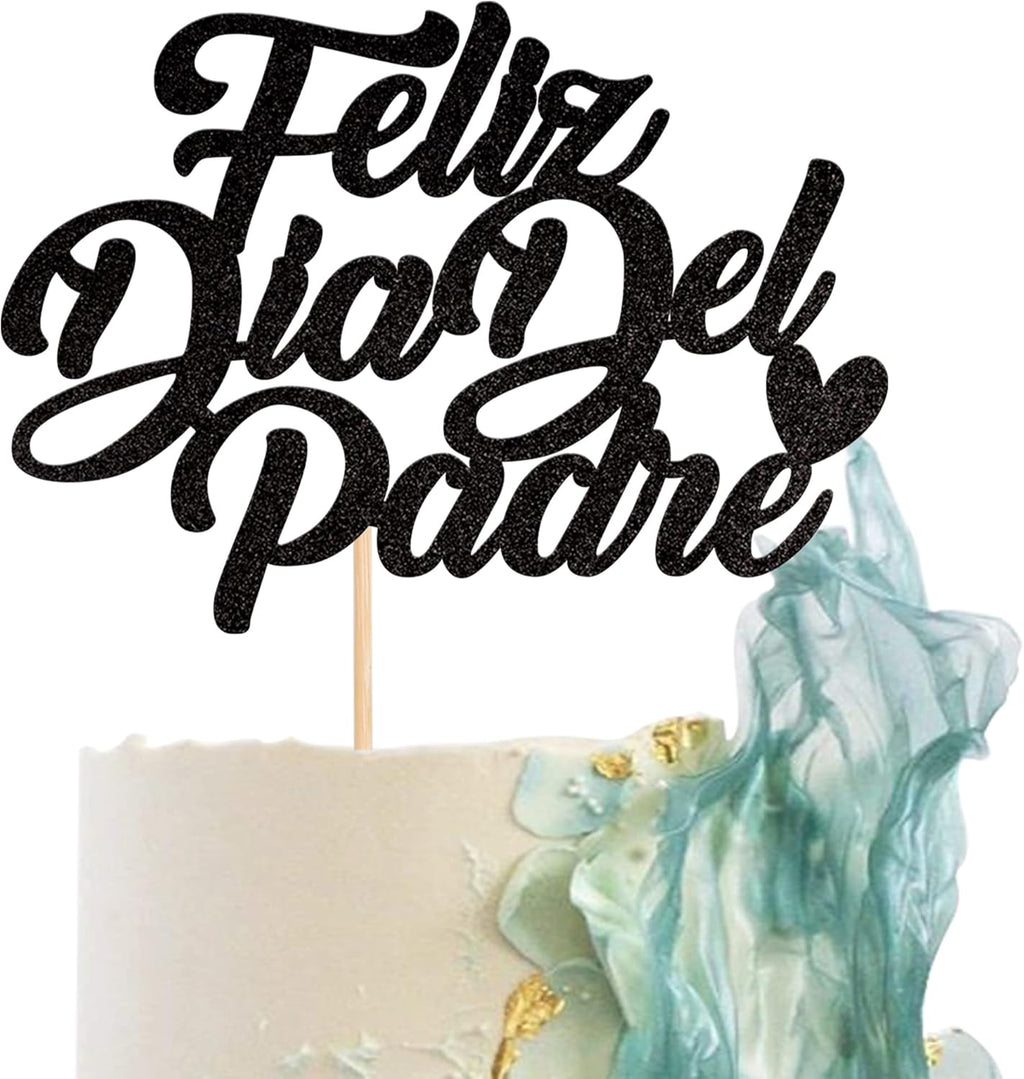 1 Pack Feliz Día Del Padre Cake Topper Glitter Happy Father's Day Cake Picks Spanish Feliz Cumpleaños Papa Cake Decoration for Happy Father's Day Party Supplies Black