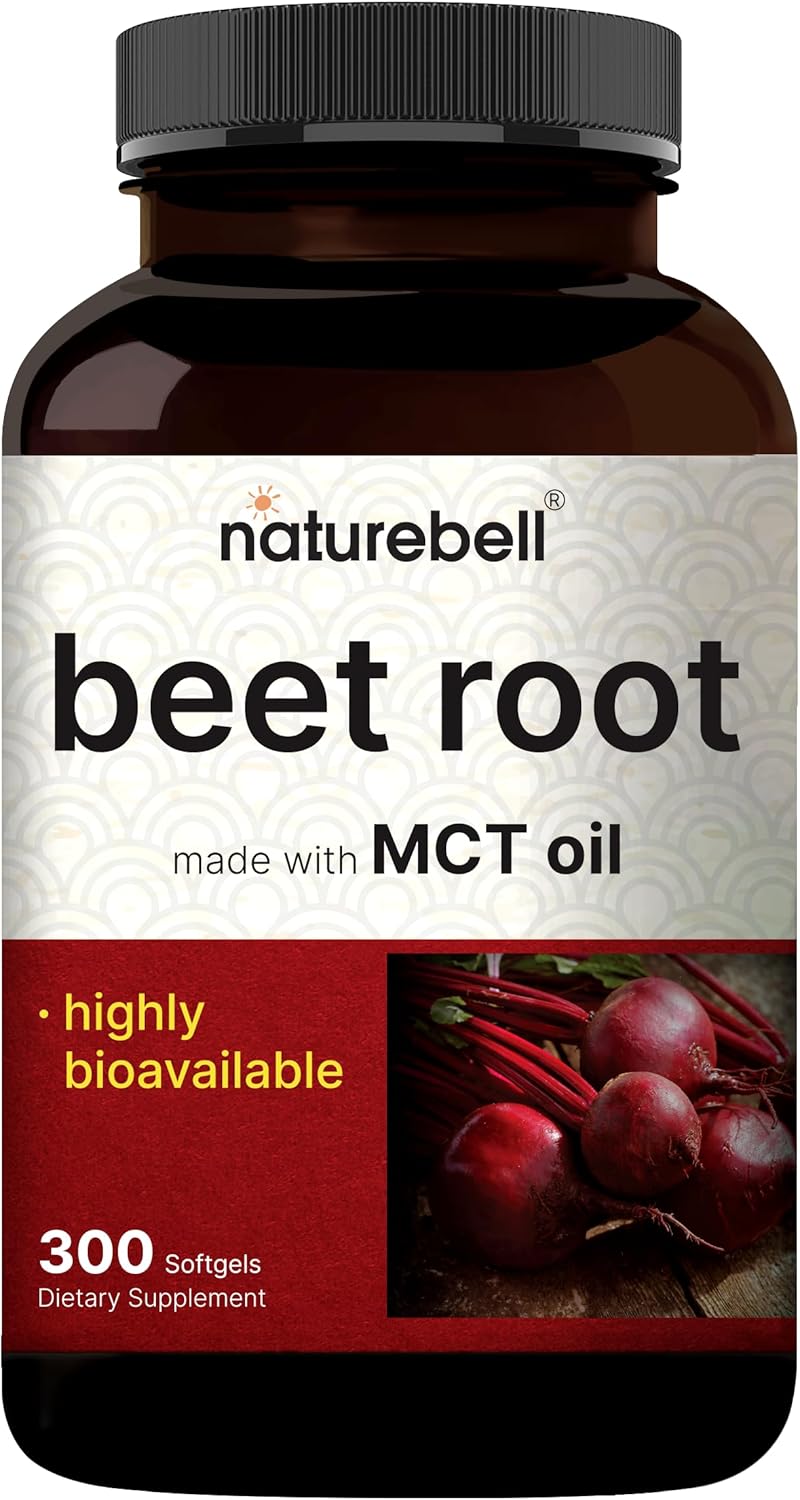 NatureBell Beet Root Extract, 300 Softgels – Max Strength Beet Root Capsules with MCT Oil – High Bioavailability Super Beets Supplement – Fresh Beetroot Extract with Natural Nitrates
