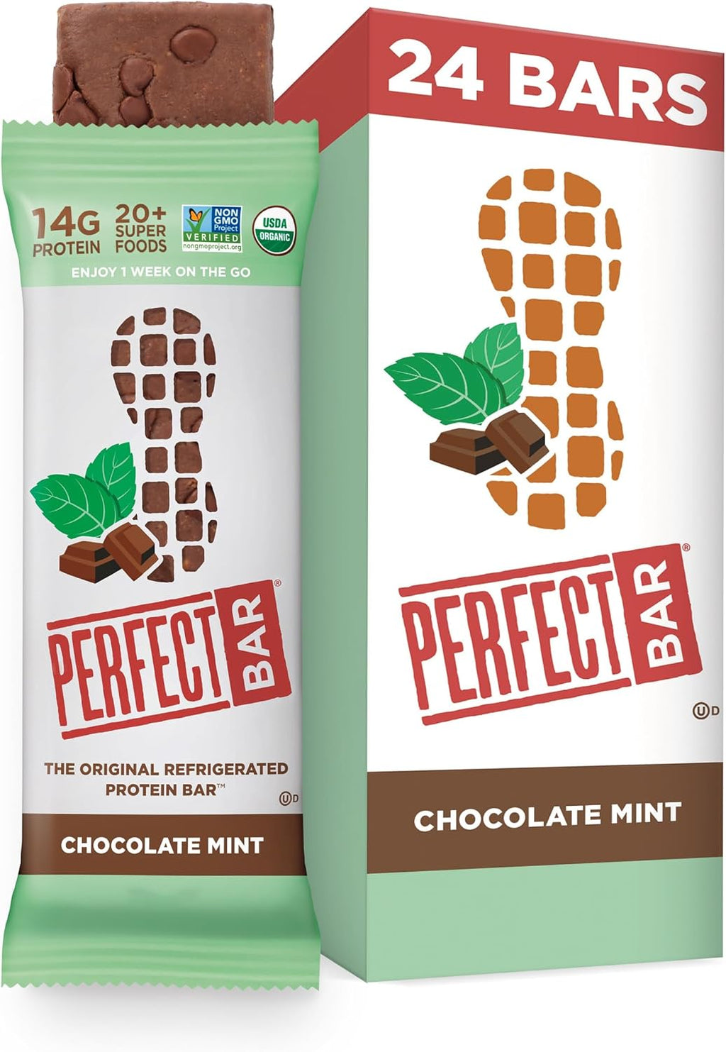 Perfect Bar, Chocolate Mint Protein Bar, High Protein, Organic, Gluten Free, Soy Free, Non GMO, No Sugar Alcohols, 2.3 Ounce Bar, 24 Count