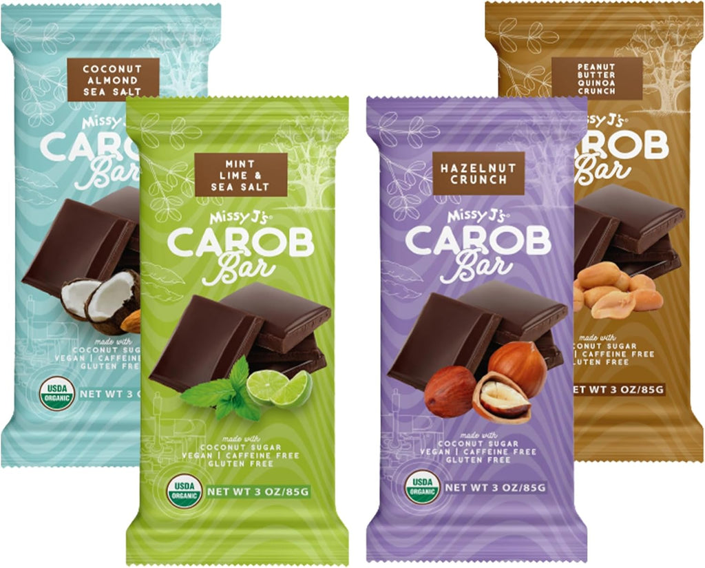 Missy J's Organic Carob Bars Variety 4 Pack. Made w/Coconut Sugar, Vegan, Gluten Caffeine Free, Healthy Substitute for Chocolate, Perfect for Snacks and Treats