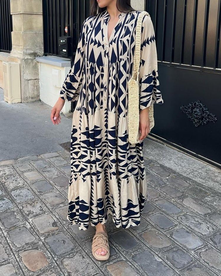BIVENANT Womens Boho Floral Print Maxi Dress Loose Lantern Long Sleeve Geometric Plus Size Button Down Flowy Sundress