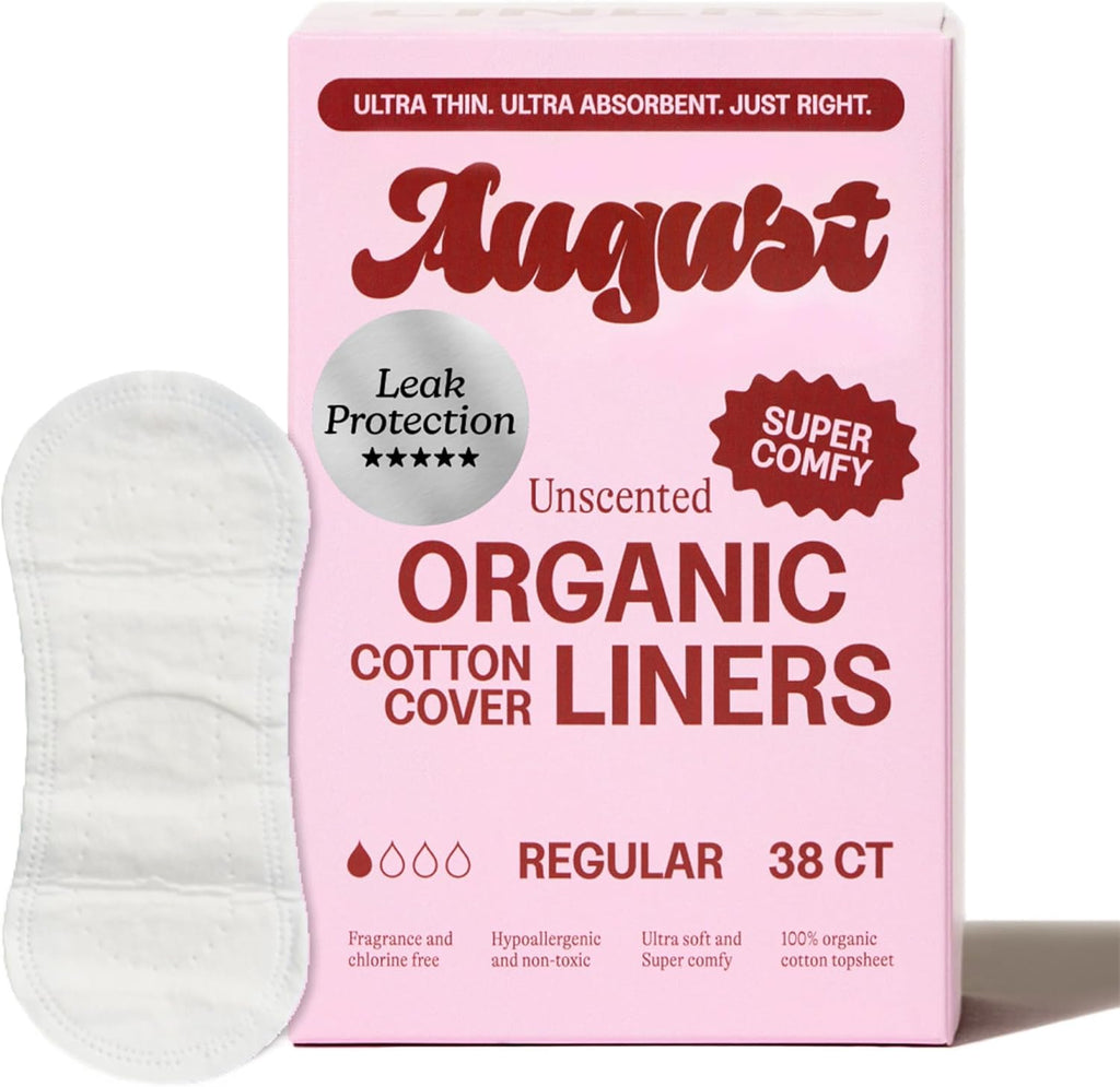 August Organic Panty Liners for Women and Anyone Who Menstruates, Made with Organic Cotton, 38 Daily Liners for Women, Toxin & Fragrance Free, Hypoallergenic Cotton