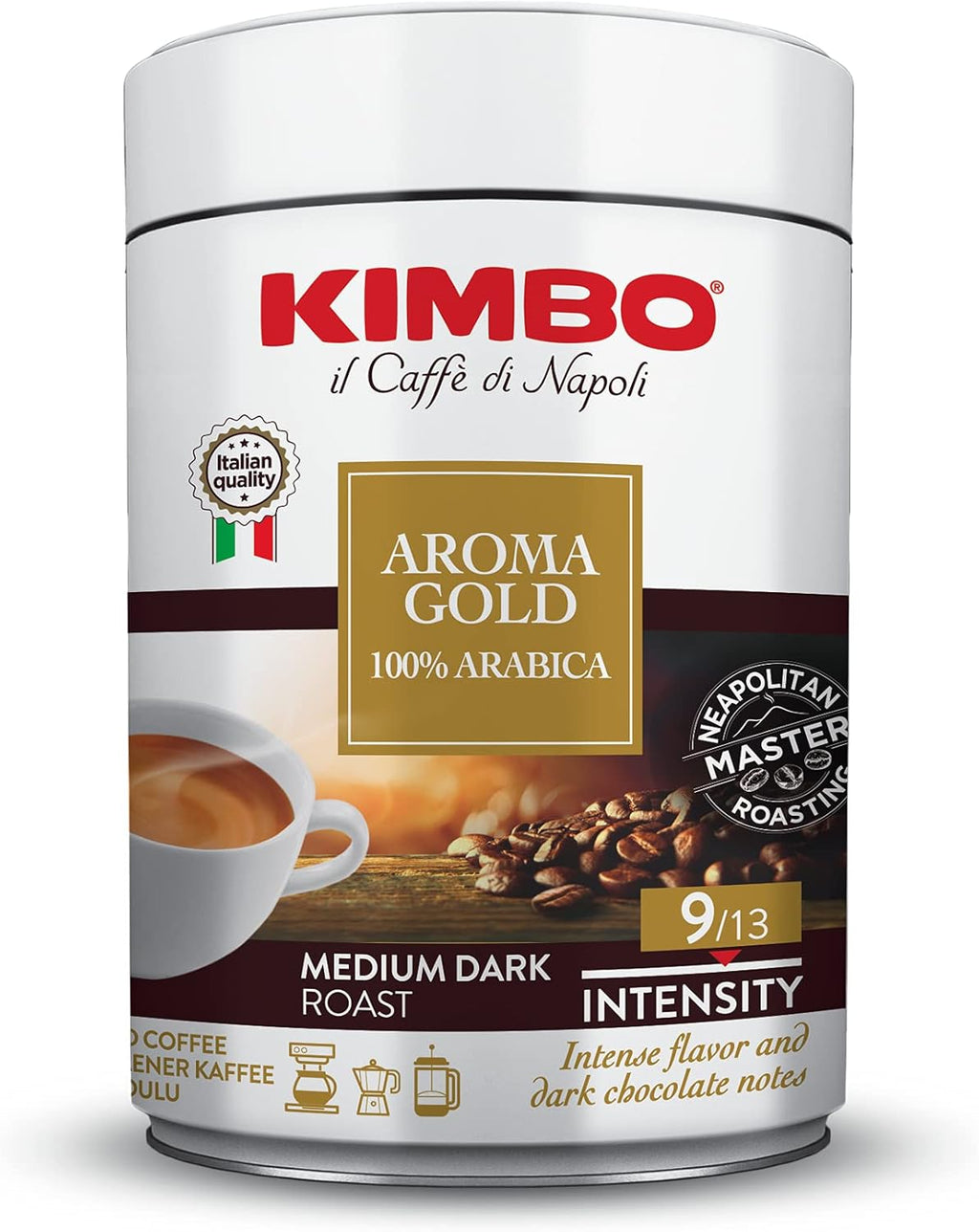 Kimbo Aroma Gold 100% Arabica | Ground Coffee | Medium Dark Roast | 9/13 Intensity | Intense Flavor and Dark Chocolate Notes | 8.8 oz Can