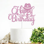 Pink Glitter Happy Birthday Cake Topper Western Theme Party Decorations Cowboy Cowgirl Bday Baby Shower Party Supplies