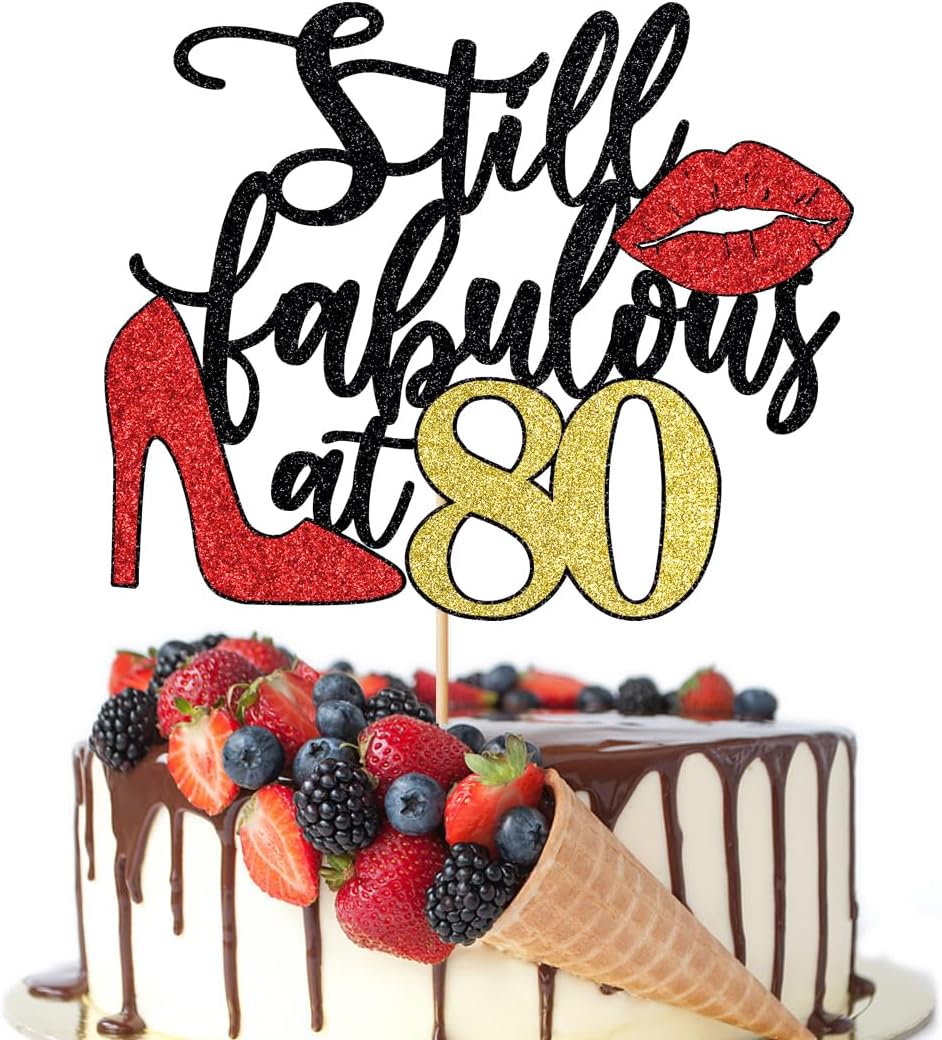 Still Fabulous at 80 Cake Topper,Happy 80th Birthday Cake Topper,Queen High heels Big Red lips Cake Topper,Women 80th Birthday Party Cake Decorations