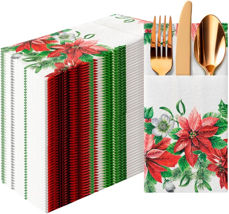 PAW - Christmas Linen Feel Napkins with Built-in Flatware Pocket, Absorbent Pre-Folded Dinner Napkins with Poinsettia, Guest Towels for Xmas Dinner, Wedding, Winter Holiday, Decorative Towel, 50 Count