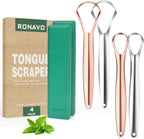 RONAVO Tongue Scraper Cleaner for Adults and Kids, Oral Hygiene, Oral Health, Improve Taste, No Smell, No Rust, 2 Colors (4 Pack)