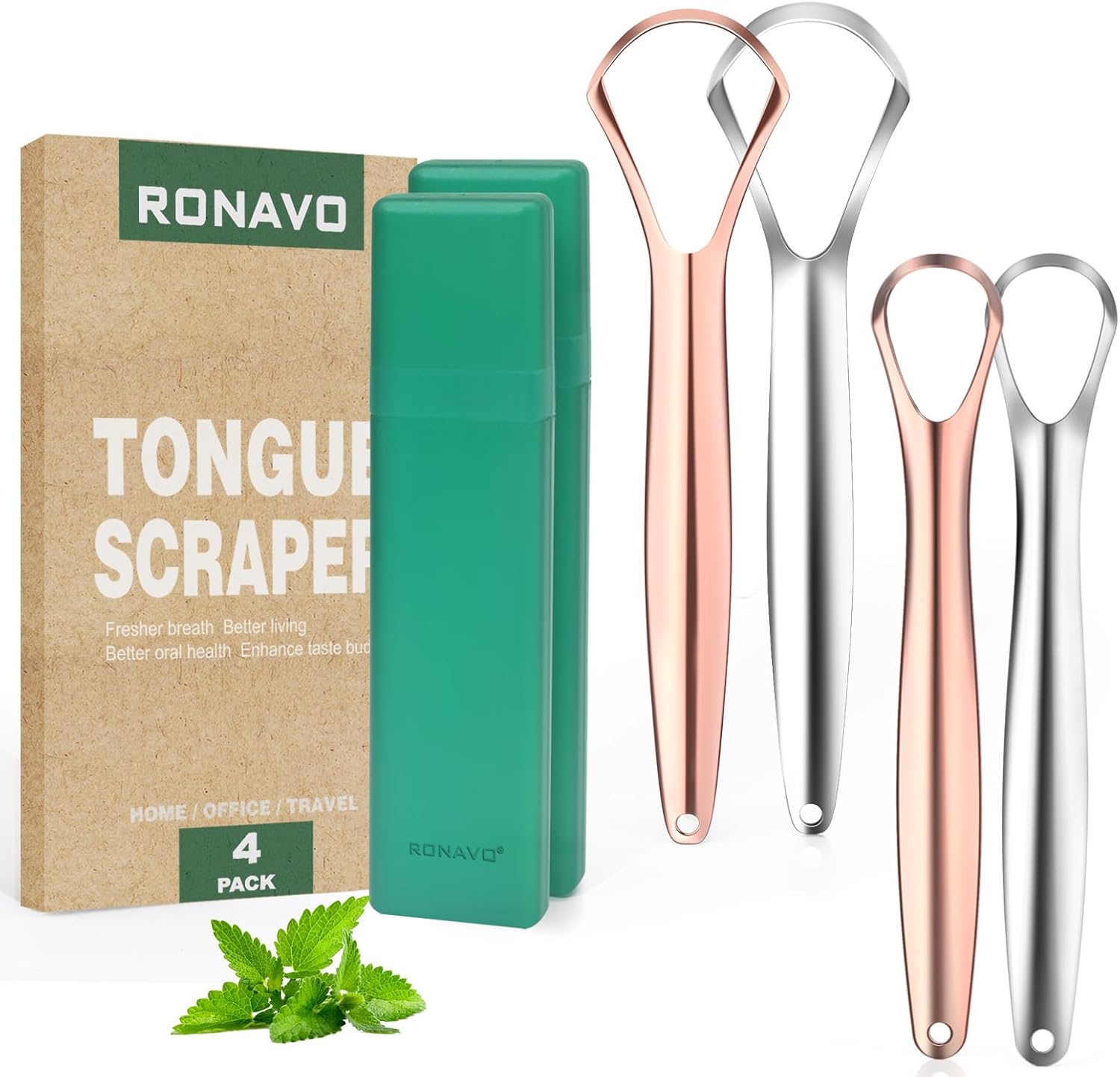 RONAVO Tongue Scraper Cleaner for Adults and Kids, Oral Hygiene, Oral Health, Improve Taste, No Smell, No Rust, 2 Colors (4 Pack)