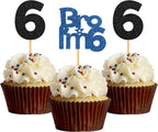 Bro I'm 6 Cupcake Toppers - Boy Six Years Old Bithday - Happy 6th Birthday Party Decoration Supplies Black Blue Glitter - 24 Pcs