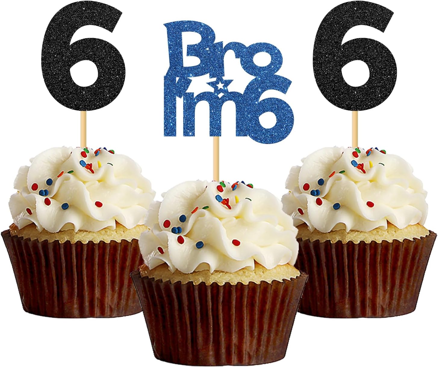 Bro I'm 6 Cupcake Toppers - Boy Six Years Old Bithday - Happy 6th Birthday Party Decoration Supplies Black Blue Glitter - 24 Pcs
