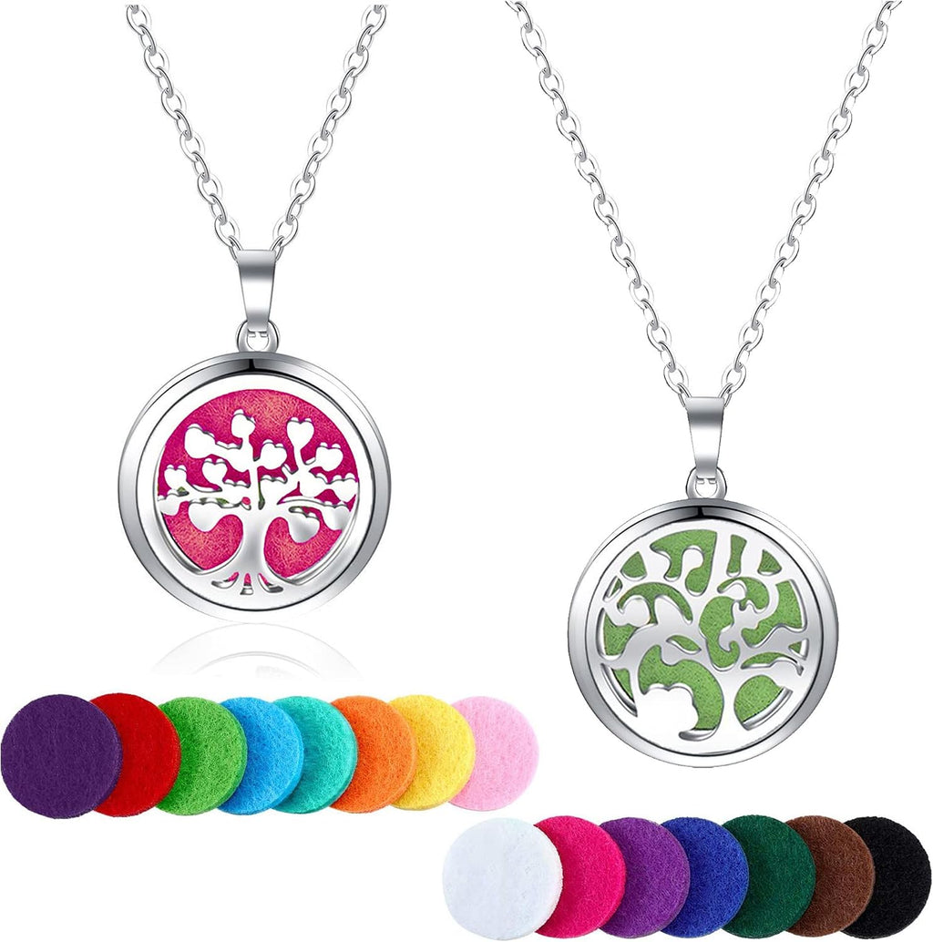 2 Pack Aromatherapy Essential Oil Diffuser Necklace Tree of Life Pattern, Muulaii Stainless Steel Locket Pendant with 24 Inch Chain Unique Gift Ideas for Women, Girls, Friend, Mom