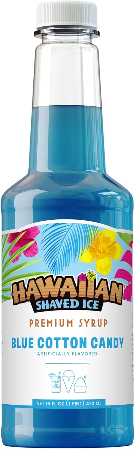 Hawaiian Shaved Ice Blue Cotton Candy Syrup - Nut Soy Dairy Free - Flavor Fluffy & Crunchy Snow Cones - Shelf Stable - Makes 8 Servings - 16 ounces