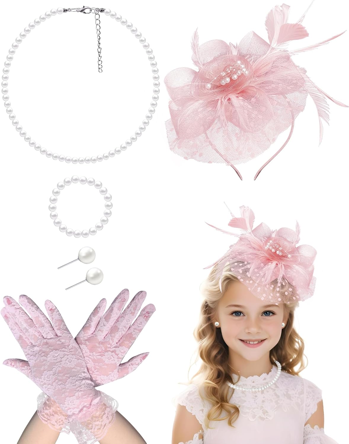 Girls Tea Party Fascinators Hats with Lace Gloves Pearl Necklace Earring Jewelry for Tea Party Wedding Accessories