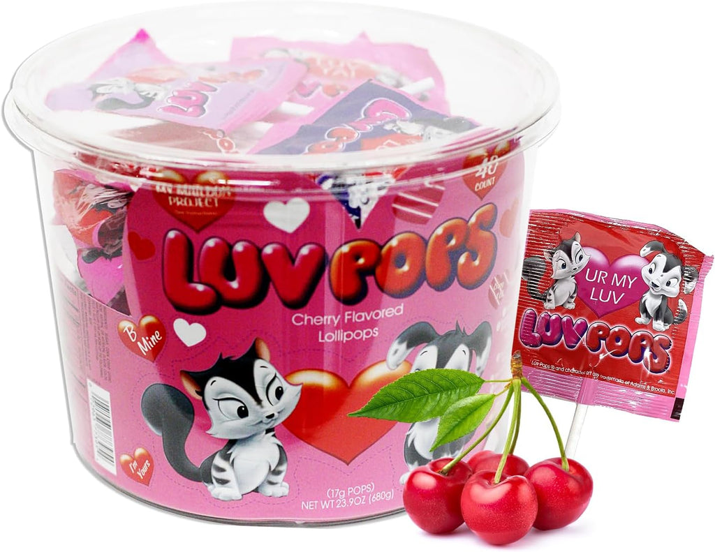 Adams & Brooks Luv Pops Cherry Flavored Lollipops - 23.9 oz Mailbox Tub (40 Counts, 17g Pops Each) - Individually Wrapped Heart-Shaped Cherry Lollipops for Valentine's Day - Kosher Certified Suckers