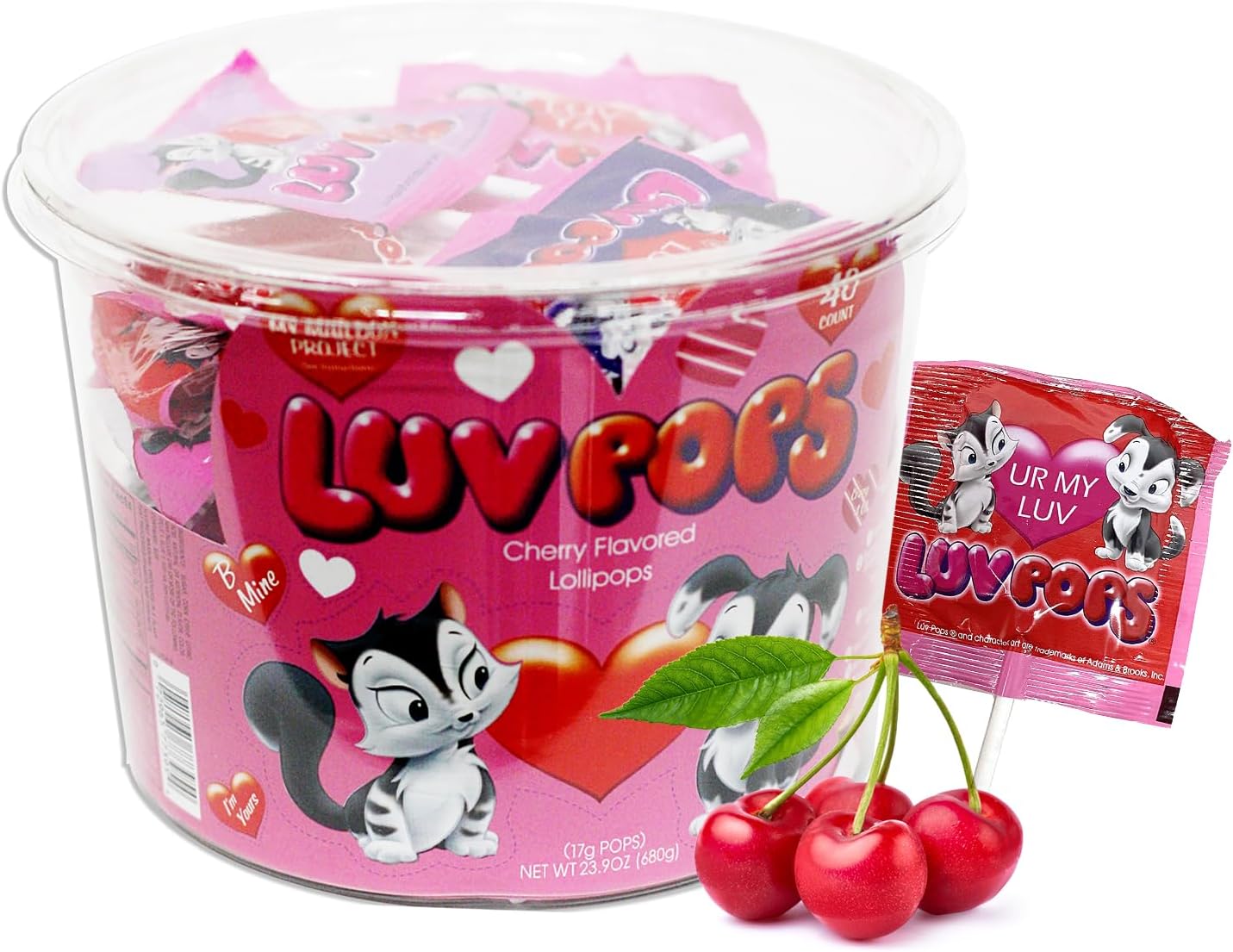 Adams & Brooks Luv Pops Cherry Flavored Lollipops - 23.9 oz Mailbox Tub (40 Counts, 17g Pops Each) - Individually Wrapped Heart-Shaped Cherry Lollipops for Valentine's Day - Kosher Certified Suckers