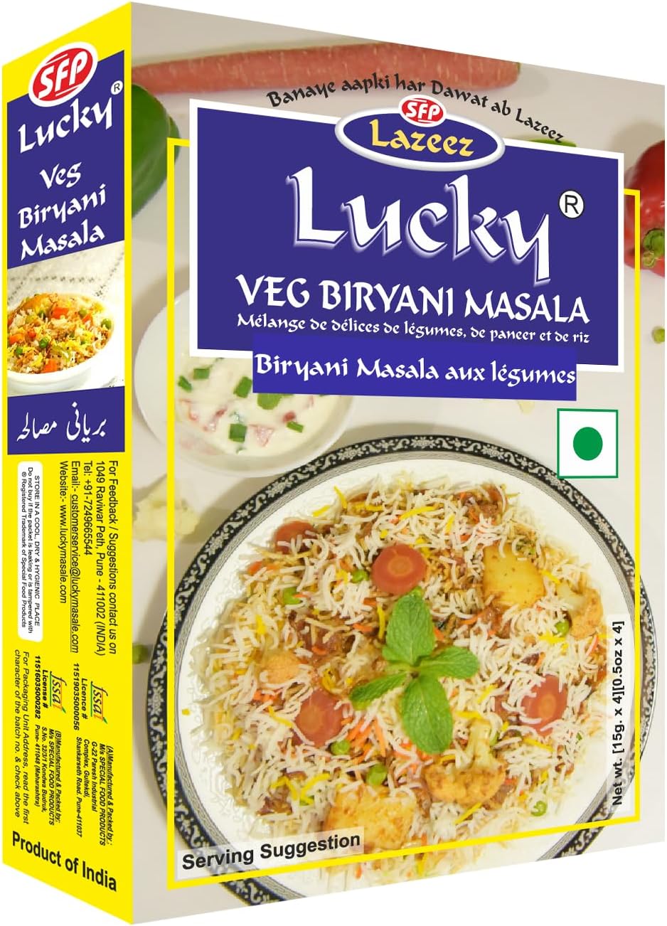 Lucky Veg Biryani Masala, 60g (Pack of 5), Recipe and Seasoning Mix for making Authentic and Flavorful Indian Vegetable Biryani, Low Sodium, No MSG, No Preservatives