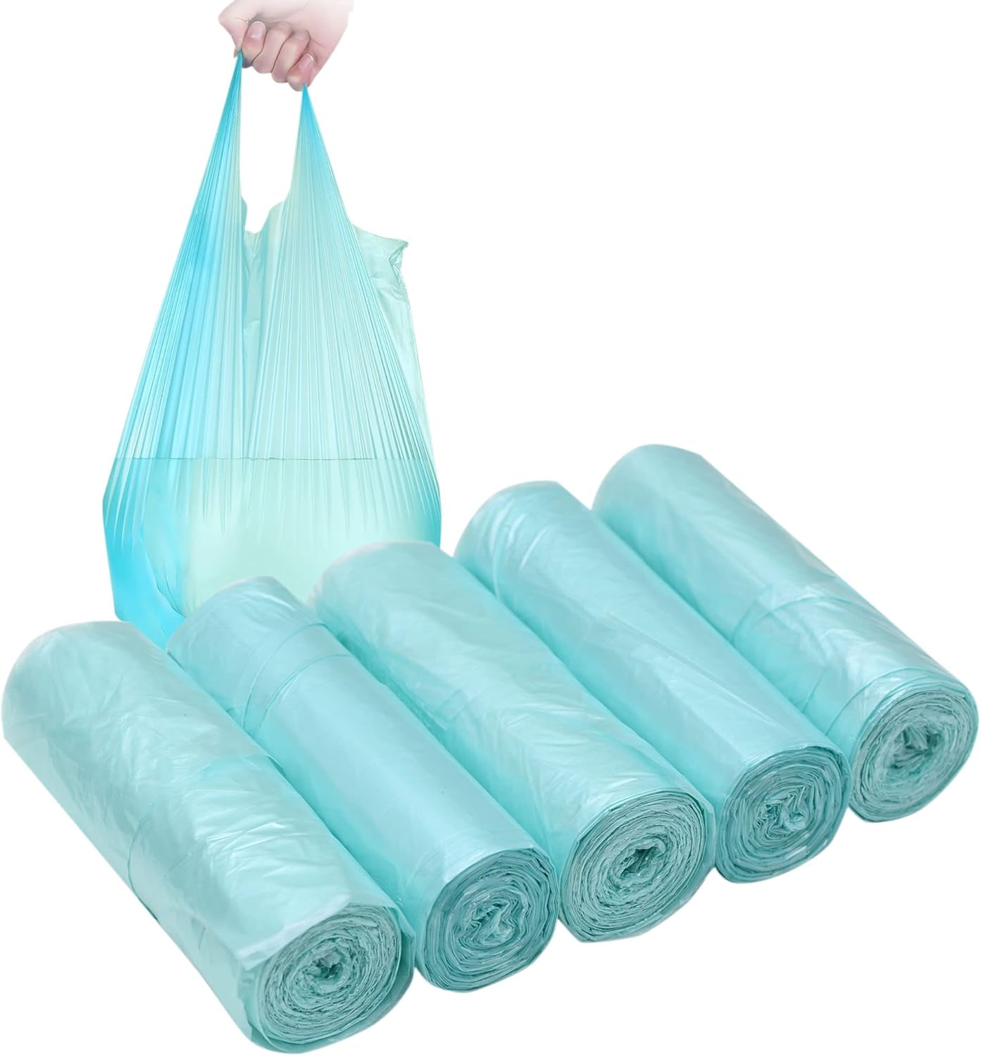 4 GALLON Bathroom Trash Bags, 5 Rolls/100 Counts Small HANDLES Garbage Bags for Office, Kitchen,Bedroom Waste Bin,Colorful Portable Strong Rubbish Bags (Light blue 100Counts)